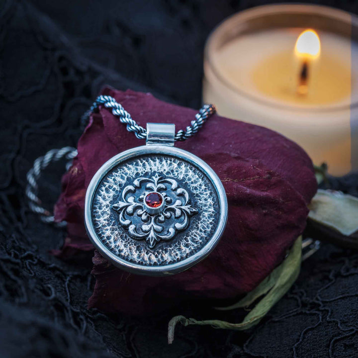 Silver Vampire Medallion Necklace with Garnet
