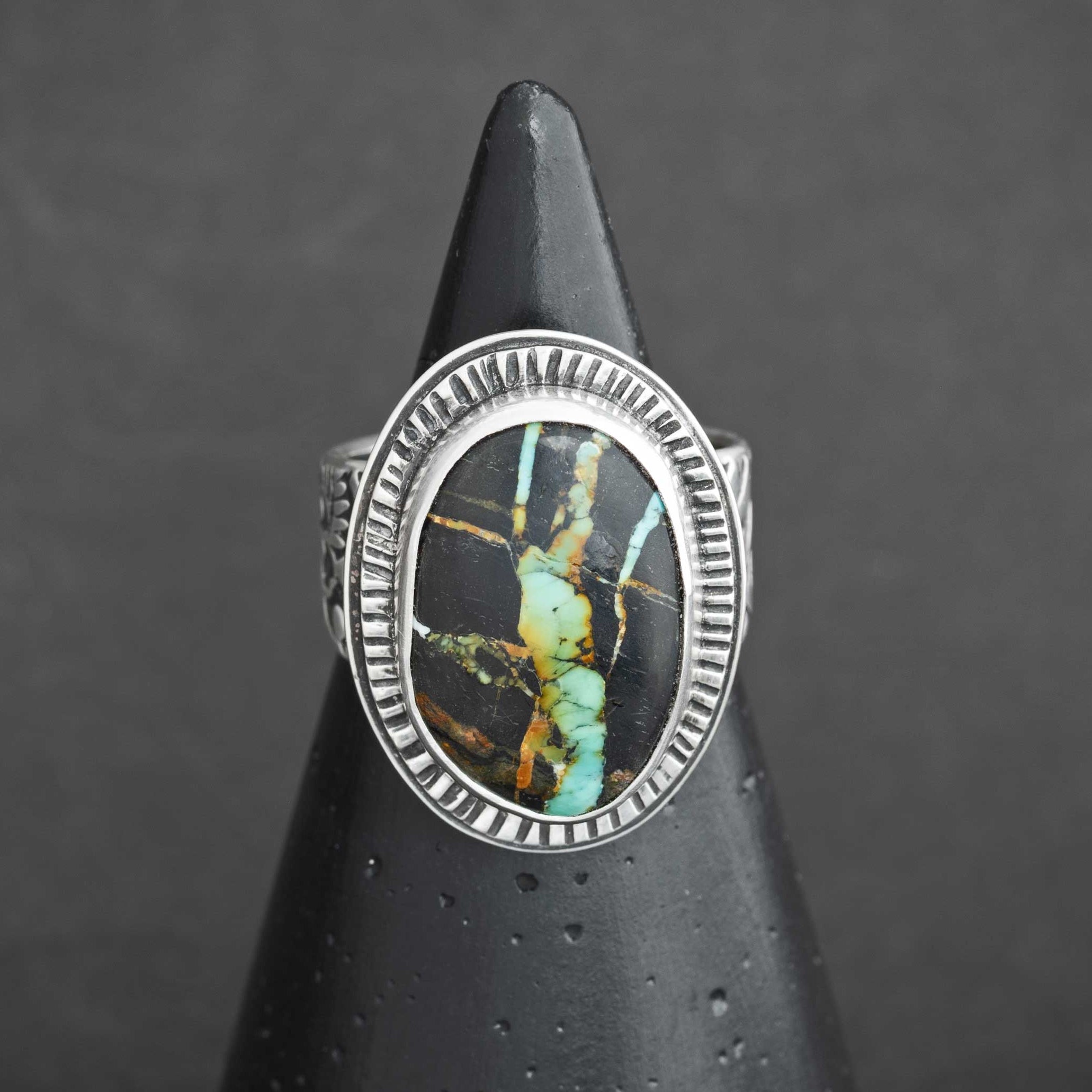 Blackjack Turquoise Ring — Handmade Sterling Silver Size 6.5