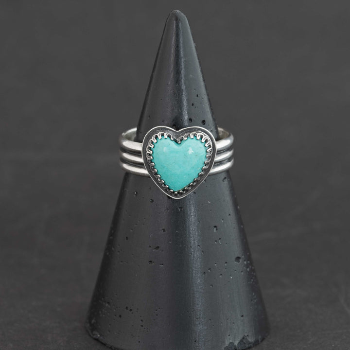 Robin's egg blue Sonora turquoise heart ring with serrated sterling silver bezel, size 10