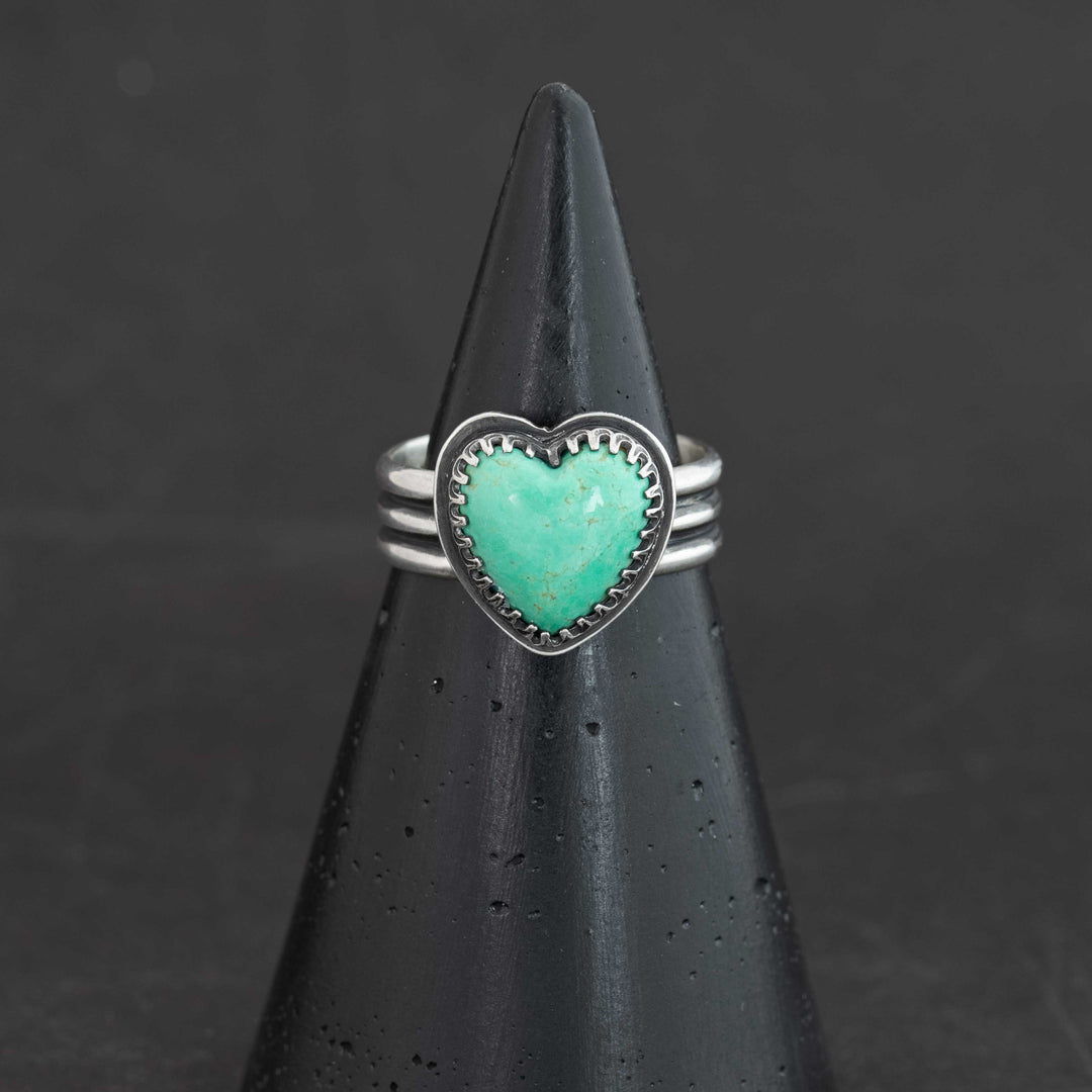blue Sonora turquoise heart ring in serrated sterling silver bezel, size 8