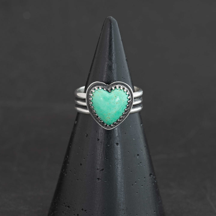 blue Sonora turquoise heart ring in serrated sterling silver bezel, size 8