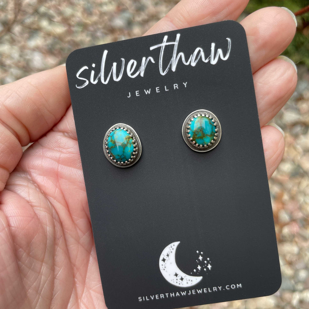 Carico Lake Turquoise Stud Earrings in Sterling Silver. Handmade in Fort Collins, Colorado