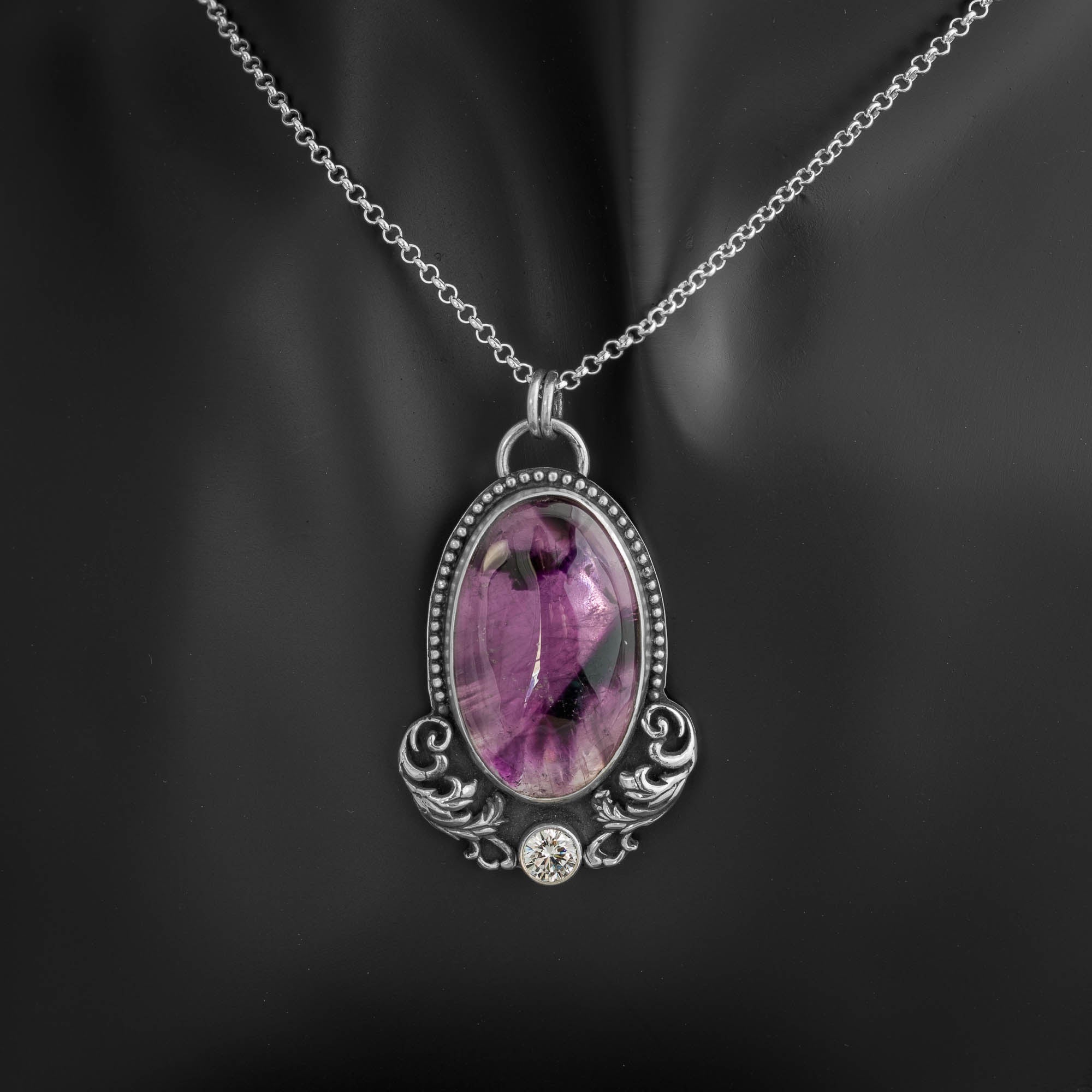 Gothic Iolite and Amethyst Silver Pendant Necklace