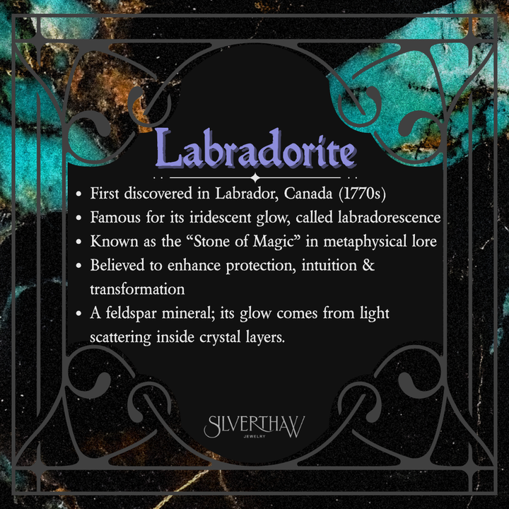 Infographic of labradorite gemstone facts by Silverthaw Jewelry, showing origin in Canada, iridescent glow called labradorescence, its nickname 'Stone of Magic,' protective and intuitive symbolism, and scientific feldspar details.