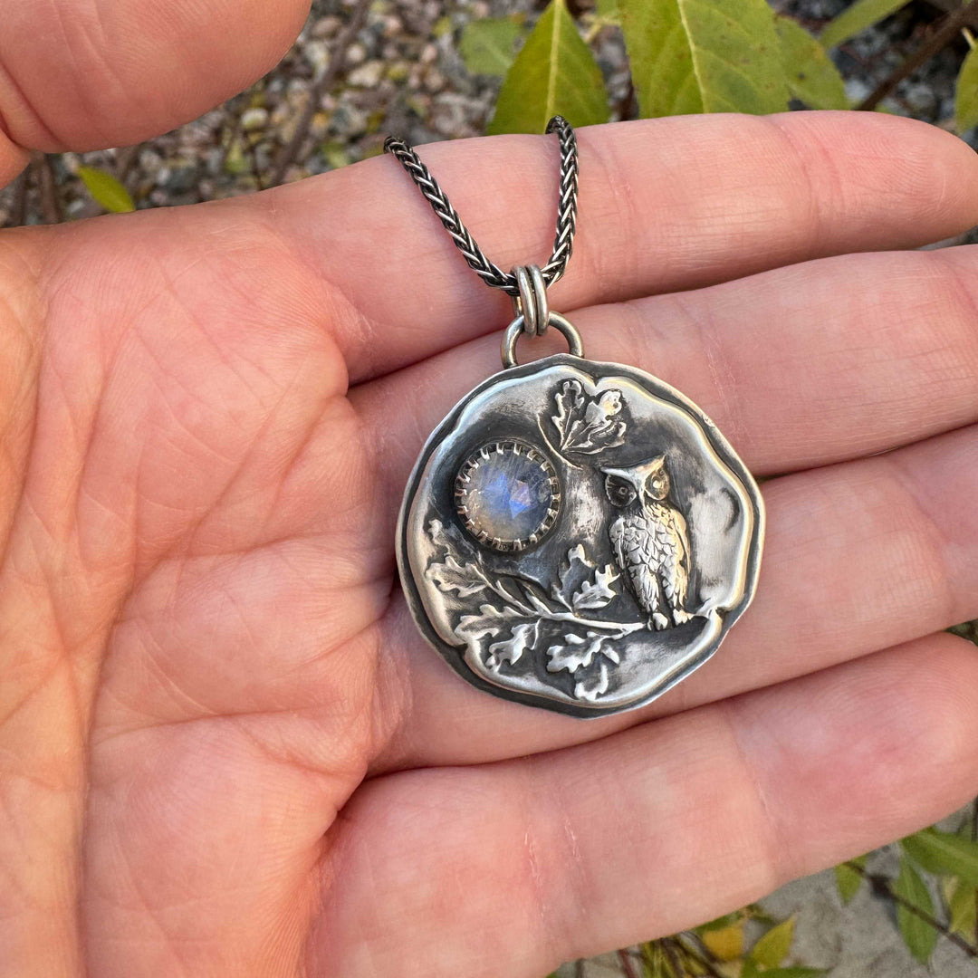 Silver Owl and Moon Pendant Necklace with Rainbow Moonstone