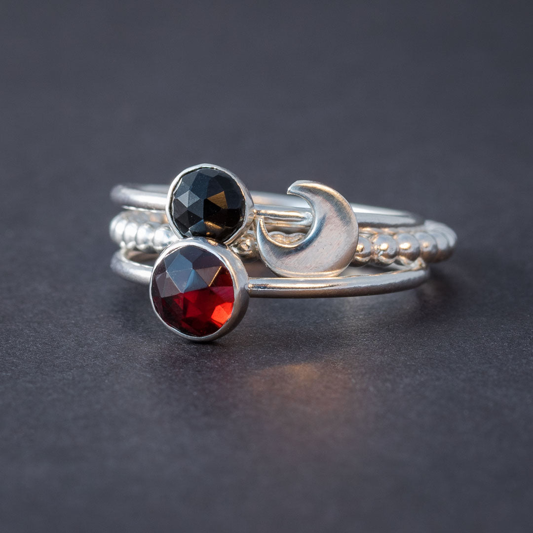 Crescent Moon Garnet and Black Onyx Stacking Rings