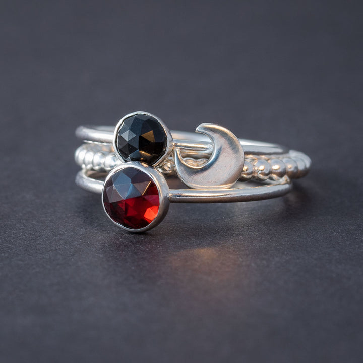 Crescent Moon Garnet and Black Onyx Stacking Rings