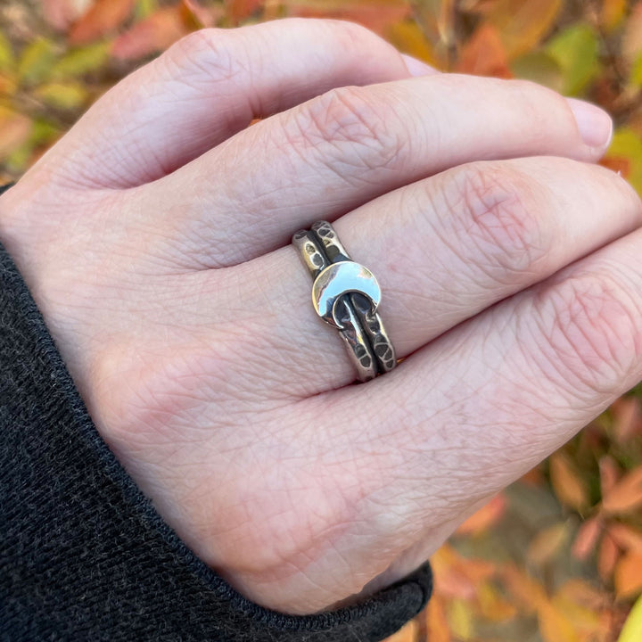 Handcrafted sterling silver crescent moon ring with hammered double band, perfect witchy gift for moon lovers