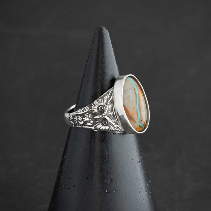 Intricate owl detail on handcrafted sterling silver Royston Ribbon turquoise ring