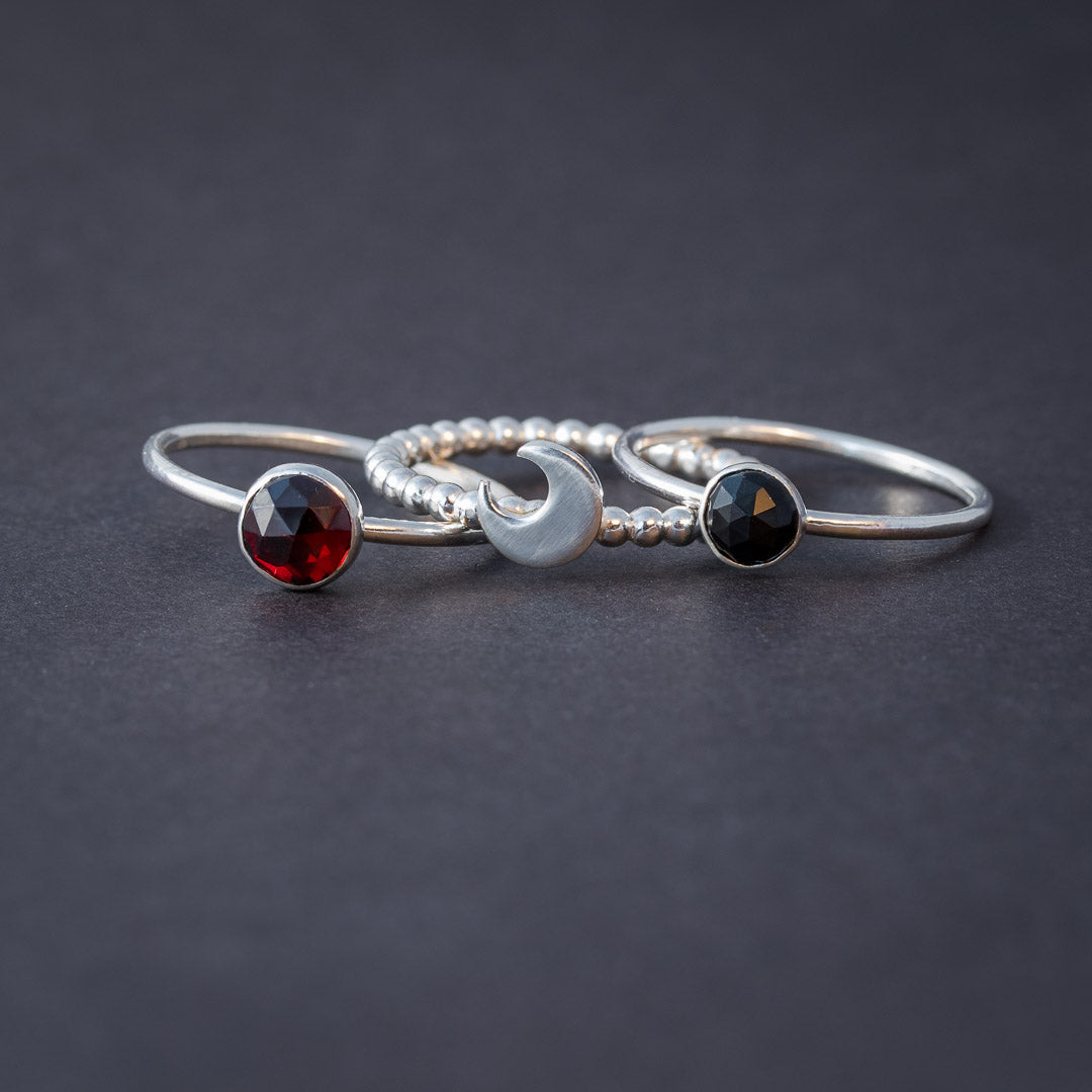 Crescent Moon Garnet and Black Onyx Stacking Rings