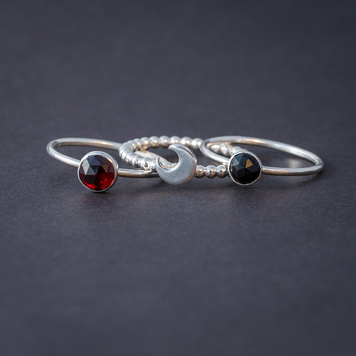 Crescent Moon Garnet and Black Onyx Stacking Rings