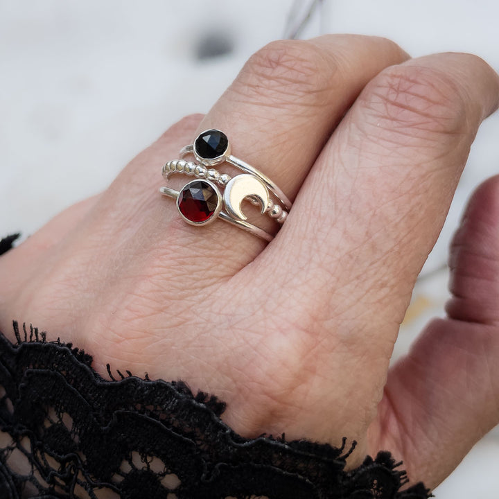 Crescent Moon Garnet and Black Onyx Stacking Rings