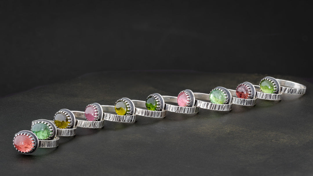 Row of Handcrafted Tourmaline Rings by Silverthaw Jewelry