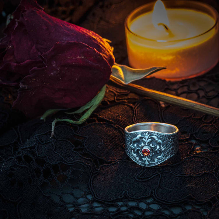 Gothic Garnet Ring in Sterling Silver