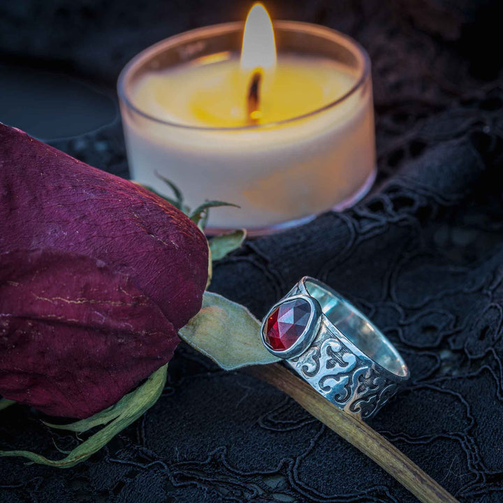 Garnet Gothic Fleur de Lis Ring in Sterling Silver