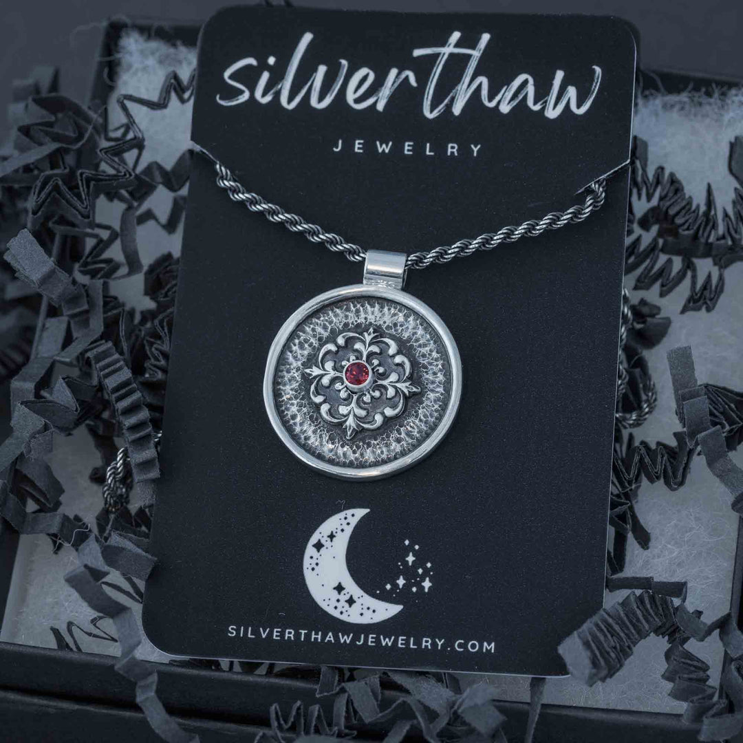 Silver Vampire Medallion Necklace with Garnet