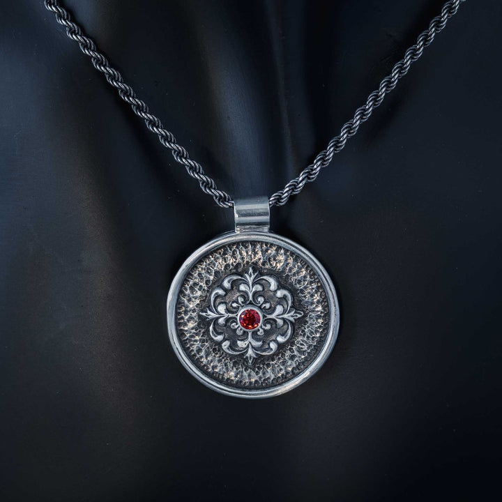 Silver Vampire Medallion Necklace with Garnet