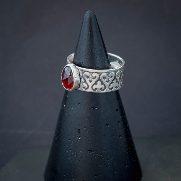 Garnet Gothic Fleur de Lis Ring in Sterling Silver