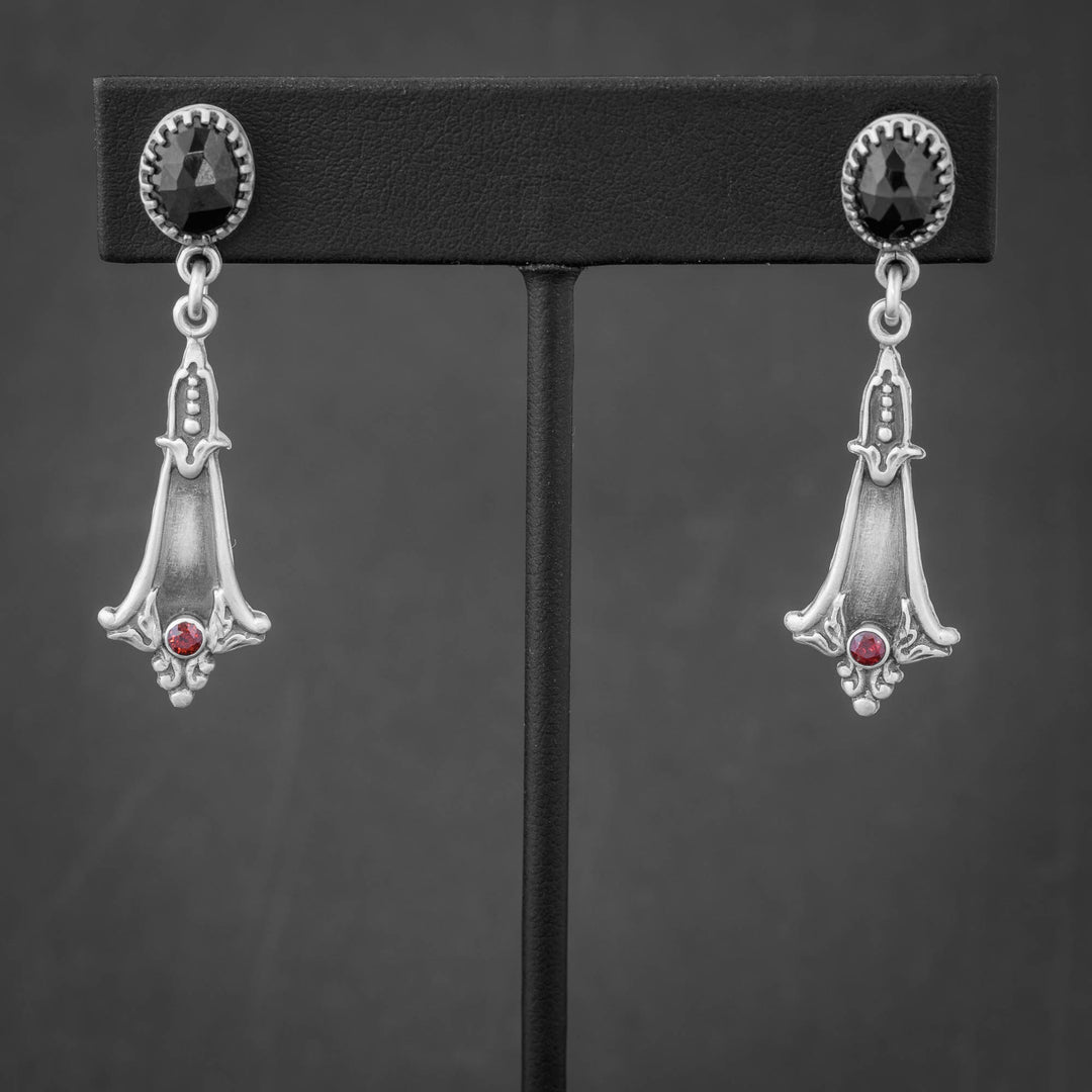 Gothic Statement Earrings with Black Spinel & Garnet in Silver