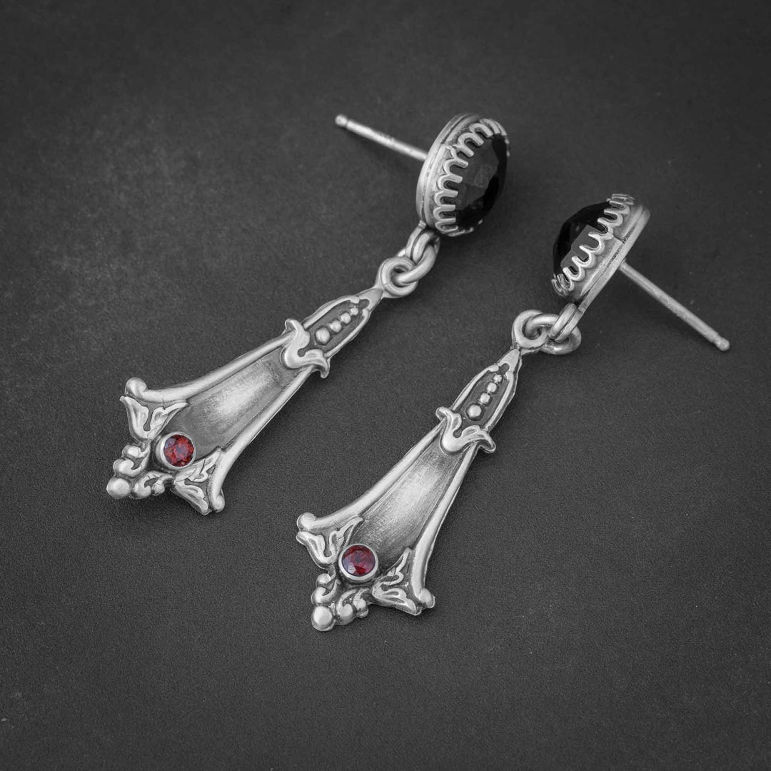 Gothic Statement Earrings with Black Spinel & Garnet in Silver