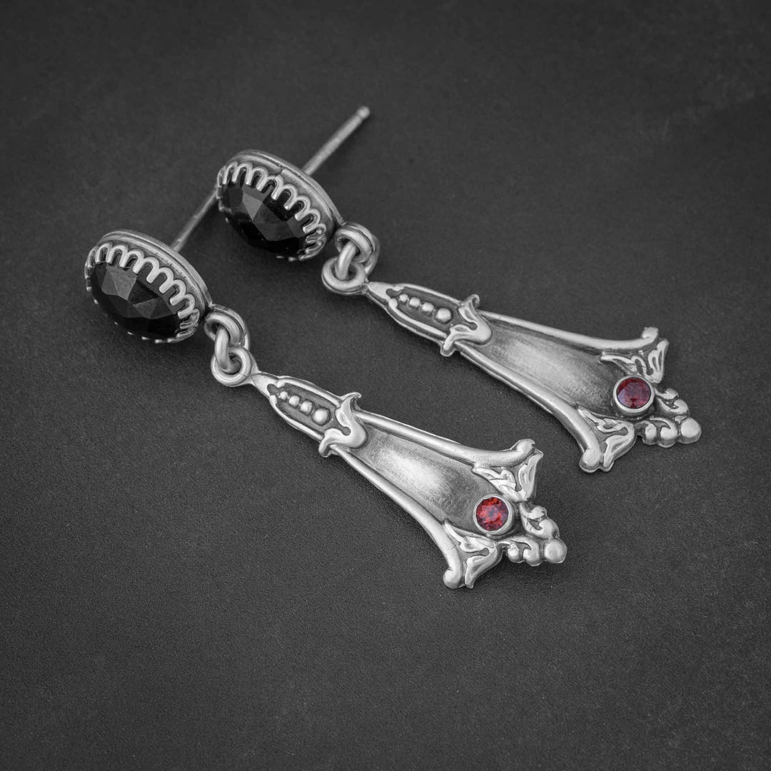 Gothic Statement Earrings with Black Spinel & Garnet in Silver