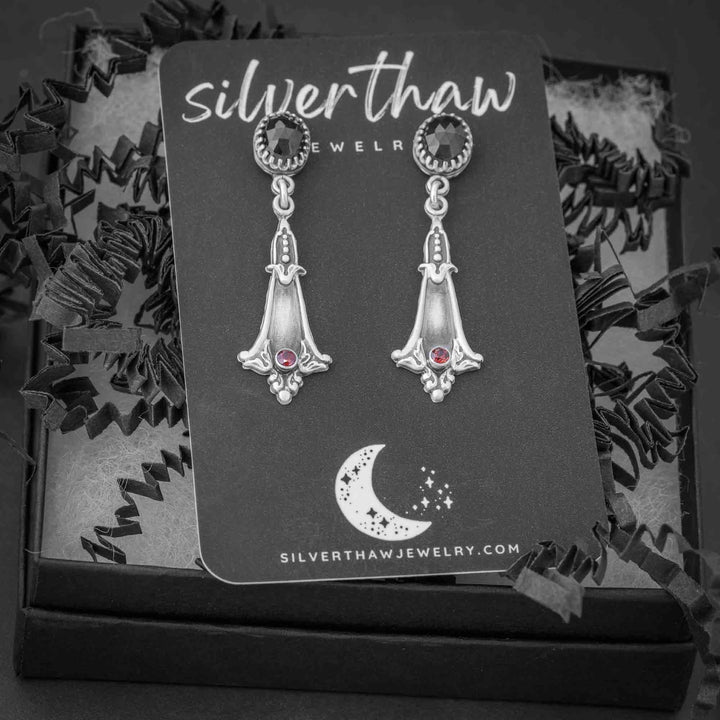 Gothic Statement Earrings with Black Spinel & Garnet in Silver