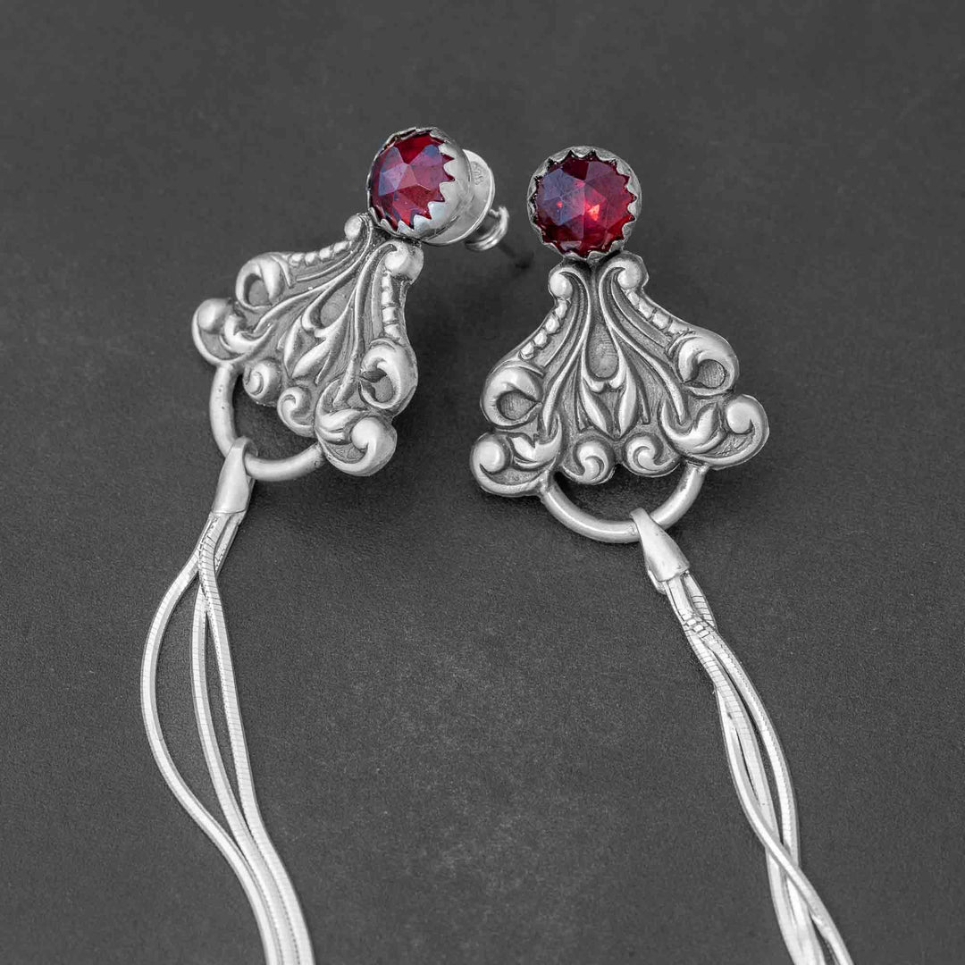 Garnet Gothic Shoulder Duster Statement Earrings in Sterling Silver