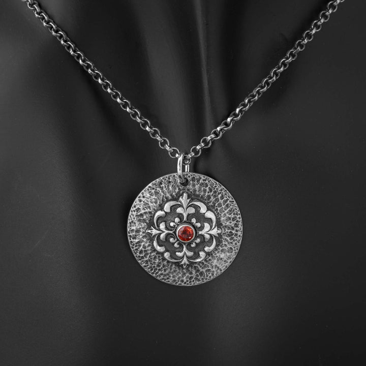 Red Garnet Gothic Shield Necklace in Sterling Silver