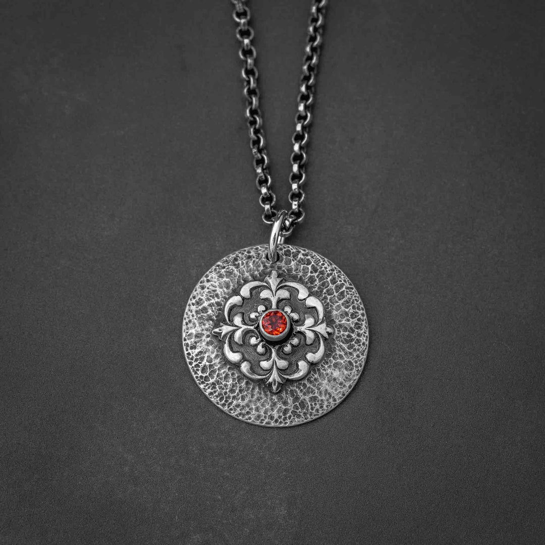 Red Garnet Gothic Shield Necklace in Sterling Silver