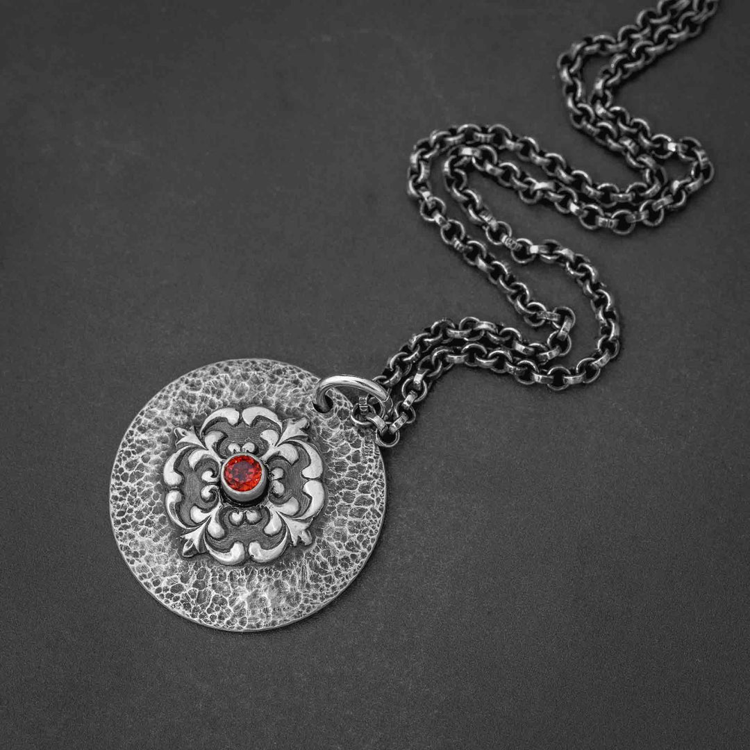 Red Garnet Gothic Shield Necklace in Sterling Silver