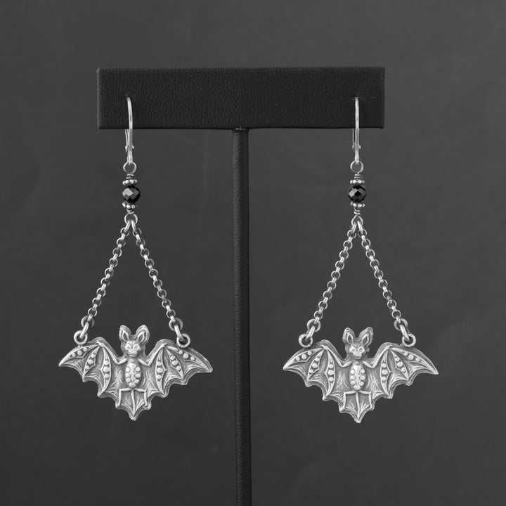 Spooky Bat Statement Earrings with Black Stone in Sterling Silver