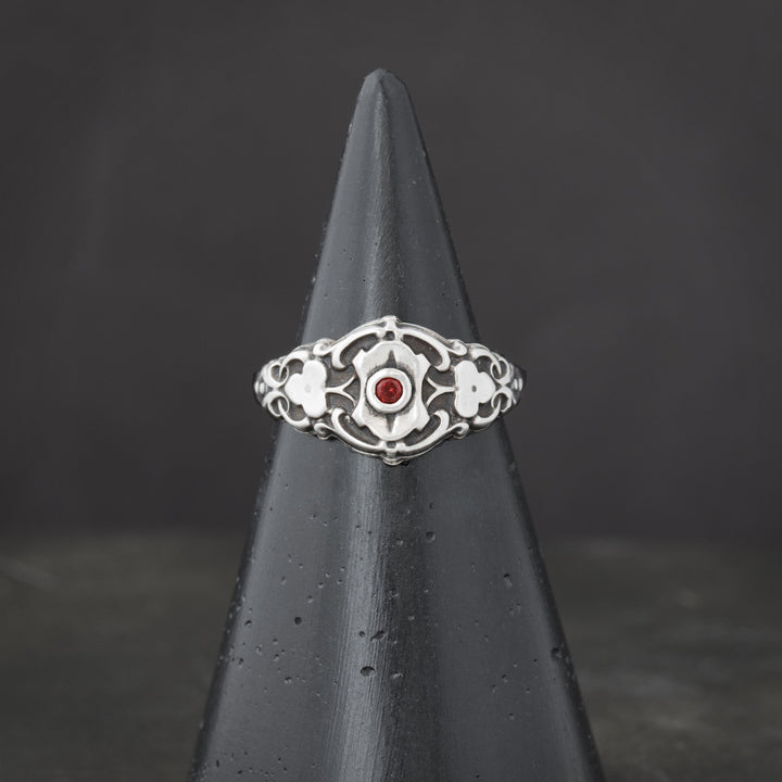 Gothic Daywalker Vampire Silver Ring with Garnet