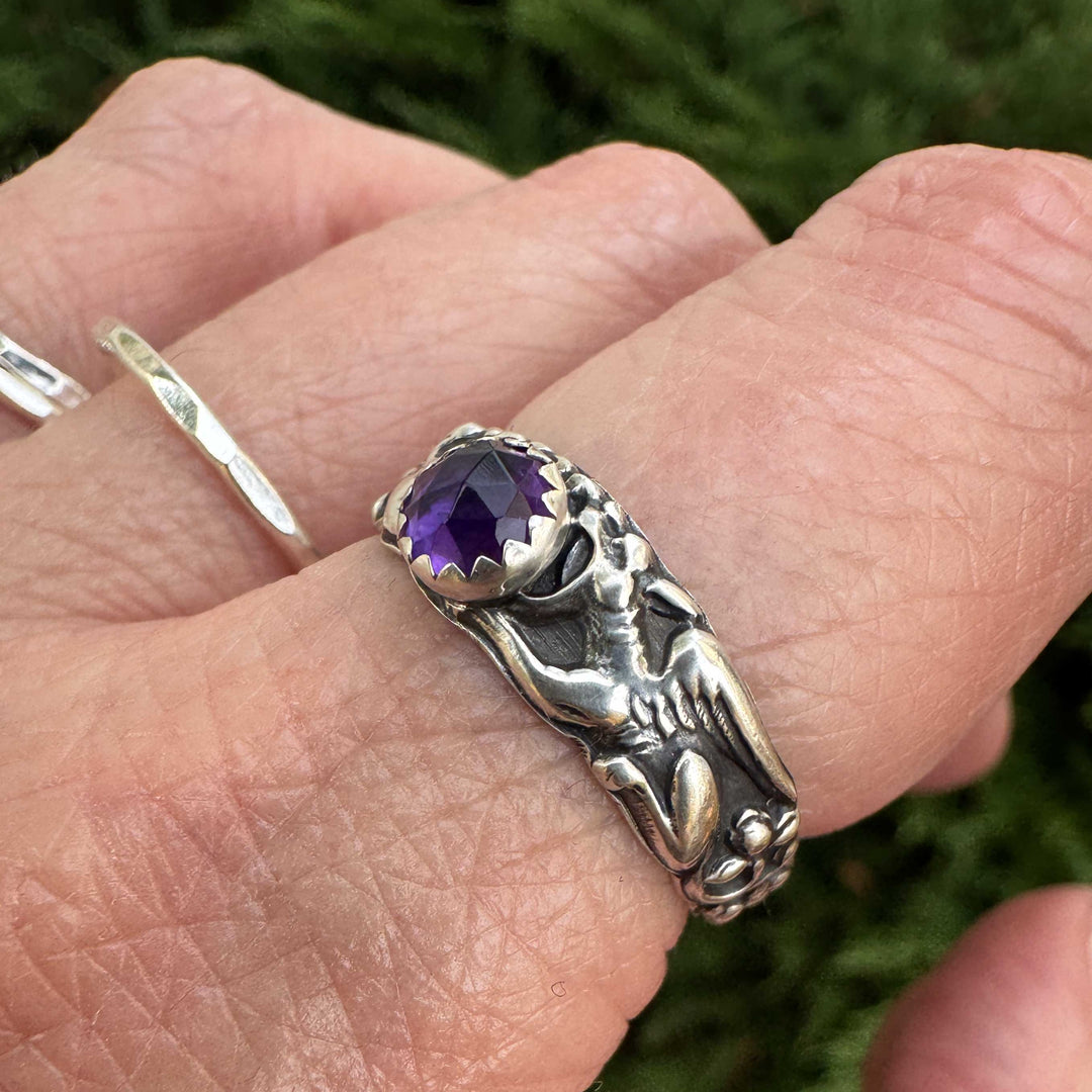 Sterling Silver Gemstone Gryphon Ring | Gothic Fantasy Jewelry