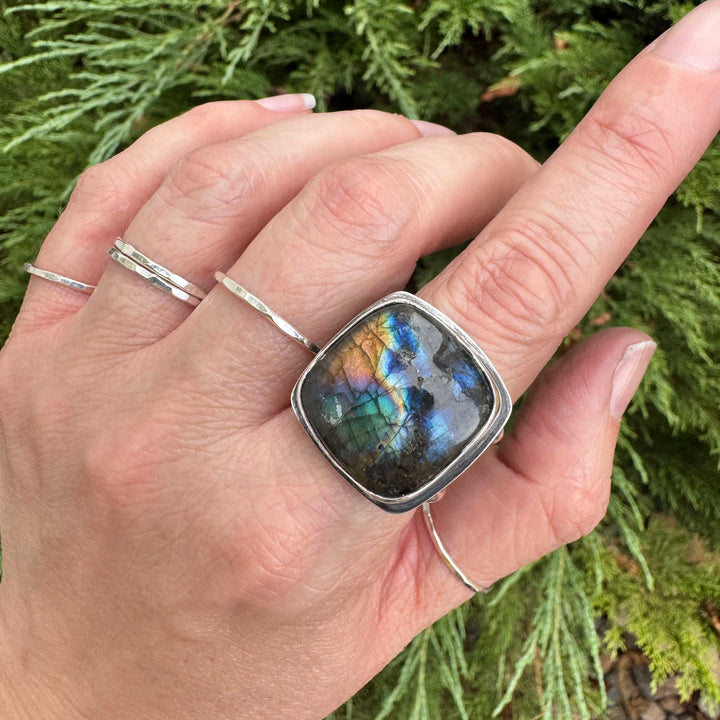 Labradorite Sterling Silver Wide Band Statement Ring | Size 10