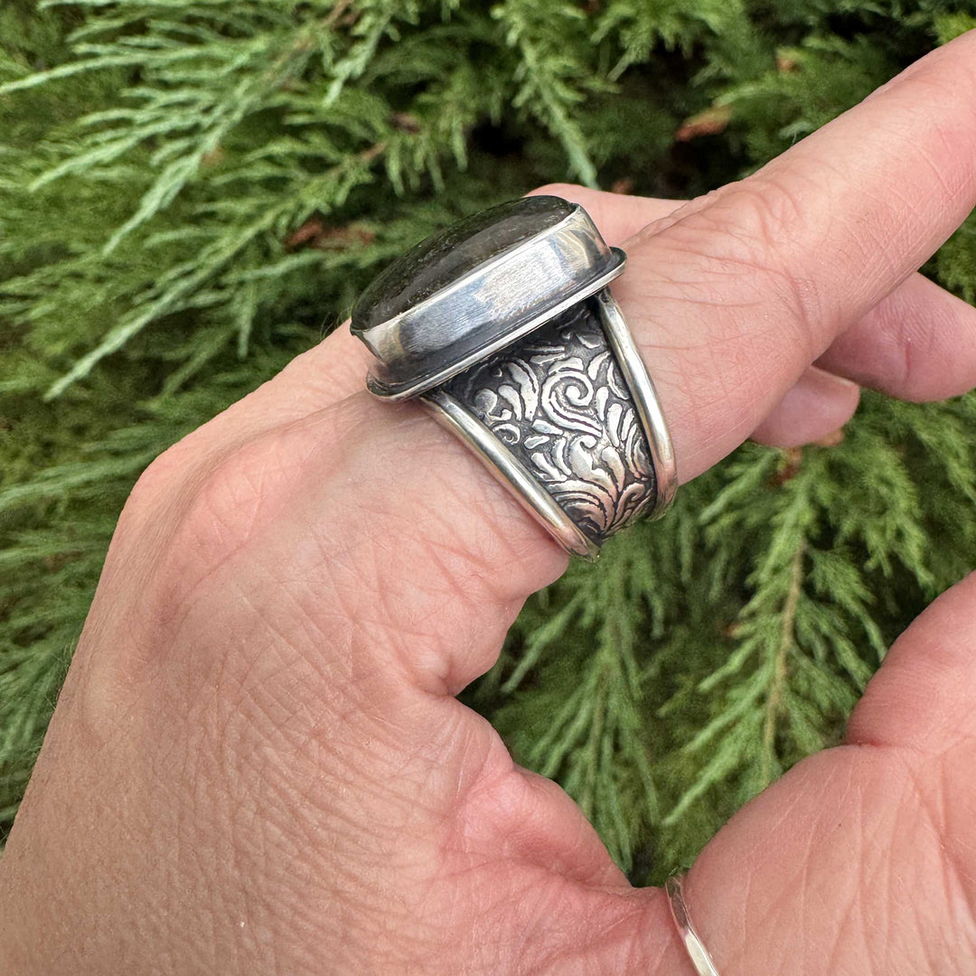 Labradorite Sterling Silver Wide Band Statement Ring | Size 10