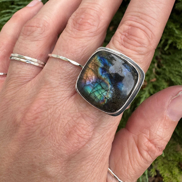Labradorite Sterling Silver Wide Band Statement Ring | Size 10