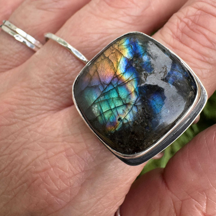 Labradorite Sterling Silver Wide Band Statement Ring | Size 10