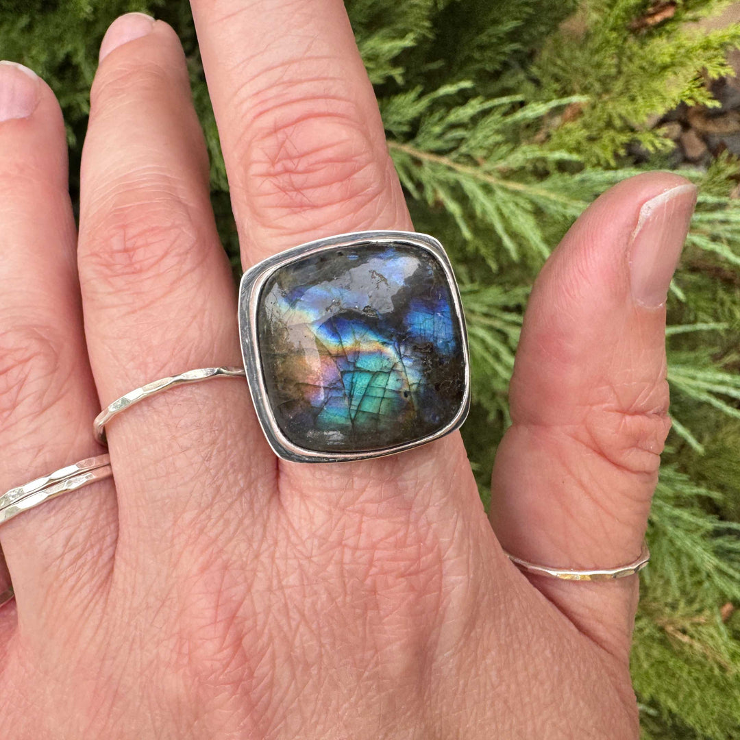 Labradorite Sterling Silver Wide Band Statement Ring | Size 10