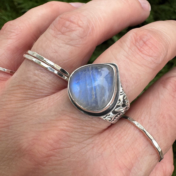 Rainbow Moonstone Sterling Silver Floral Ring | Size 8.5