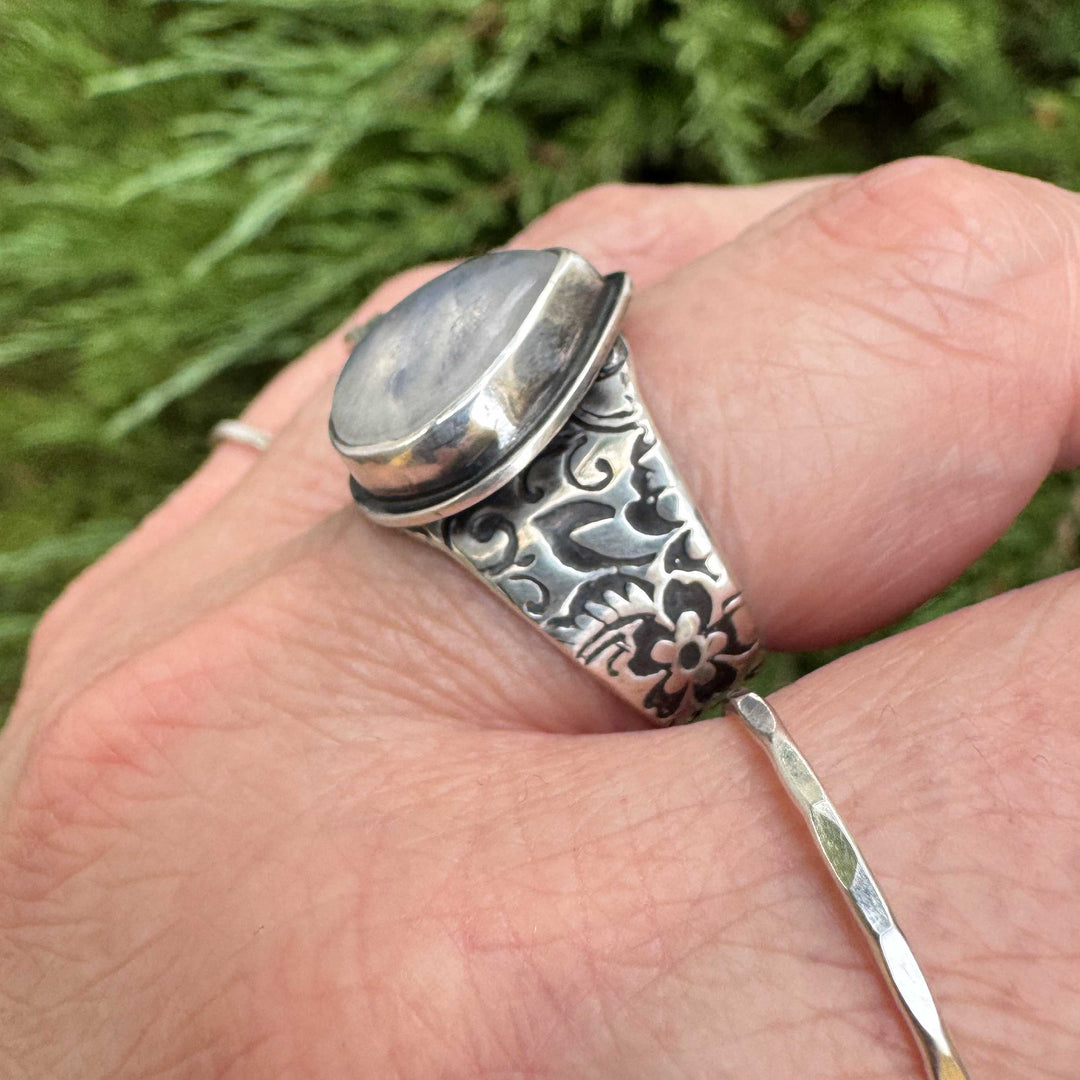 Rainbow Moonstone Sterling Silver Floral Ring | Size 8.5