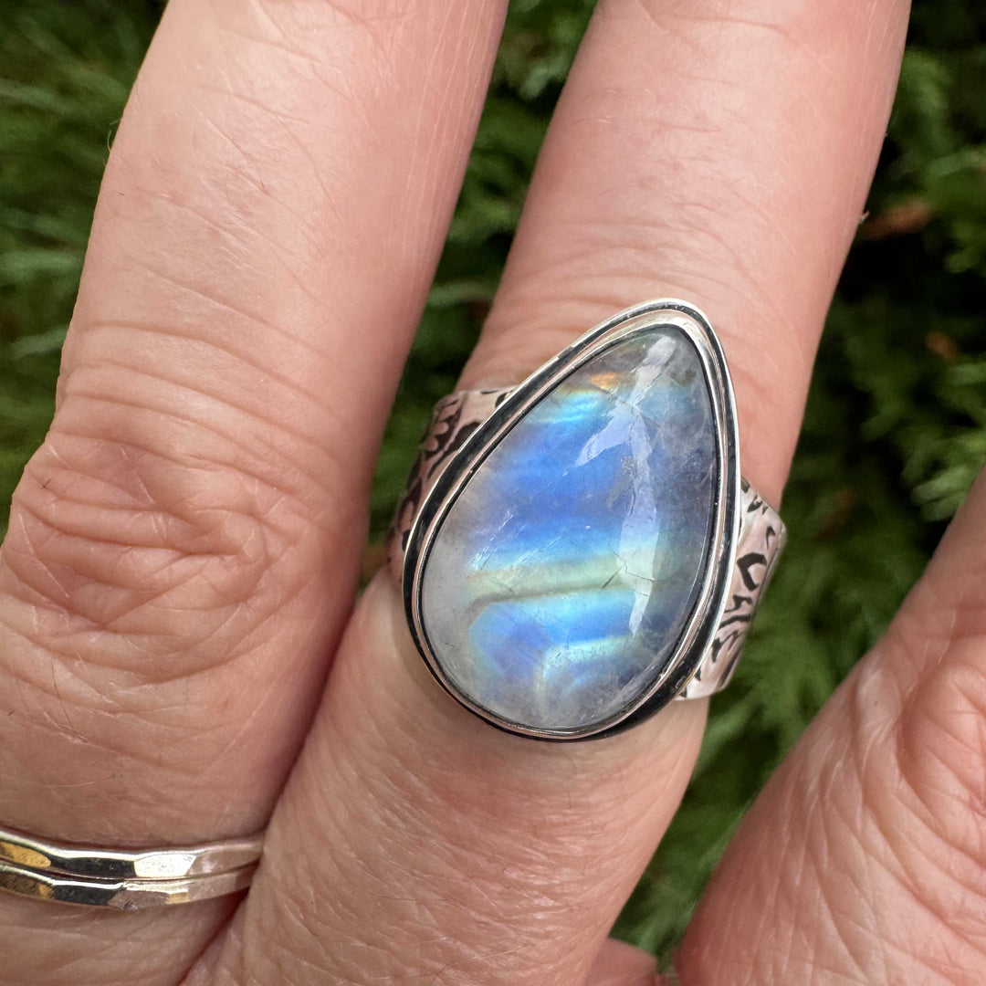 Rainbow Moonstone Floral Sterling Silver Ring | Size 7.5