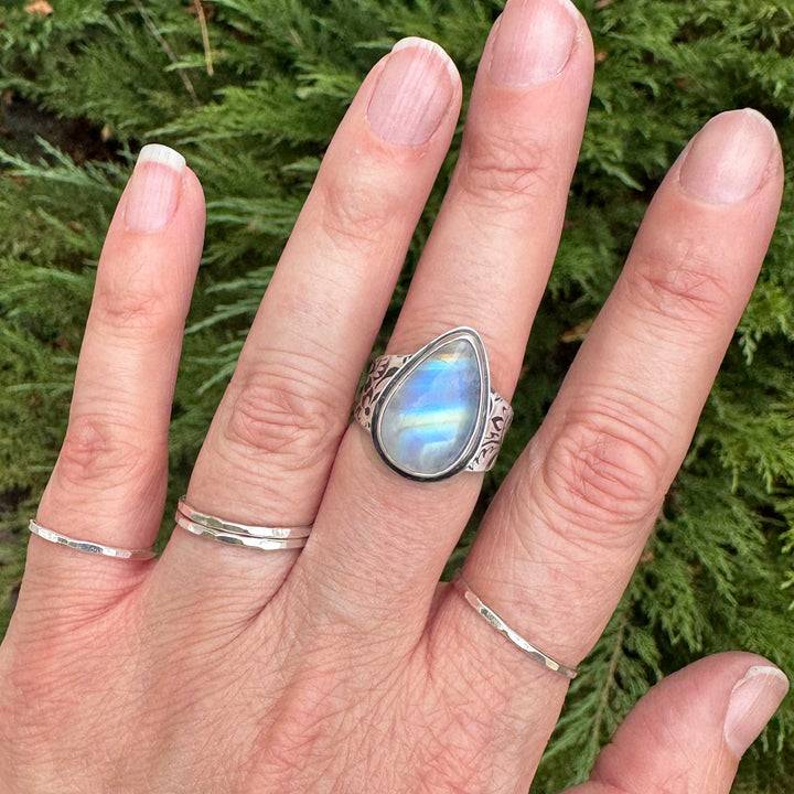 Rainbow Moonstone Floral Sterling Silver Ring | Size 7.5