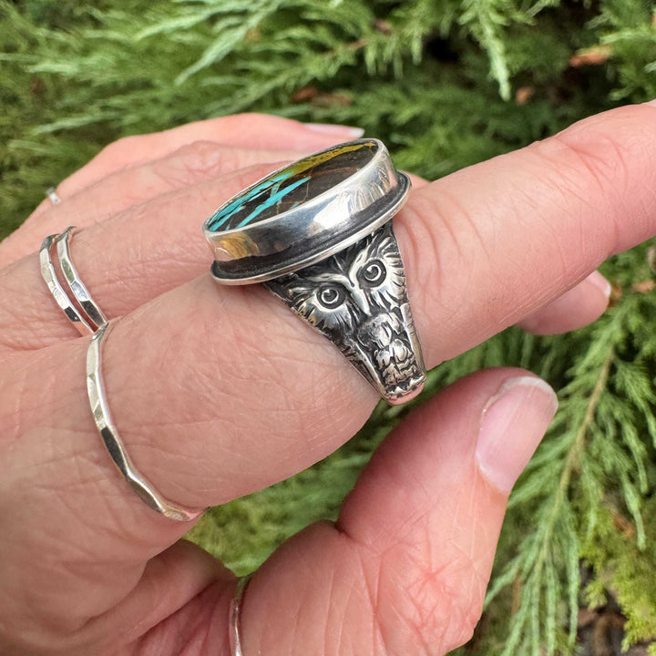 Blackjack Turquoise Owl Ring in Sterling Silver | Size 7
