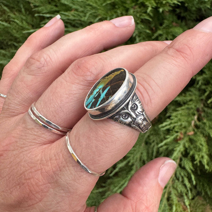 Blackjack Turquoise Owl Ring in Sterling Silver | Size 7