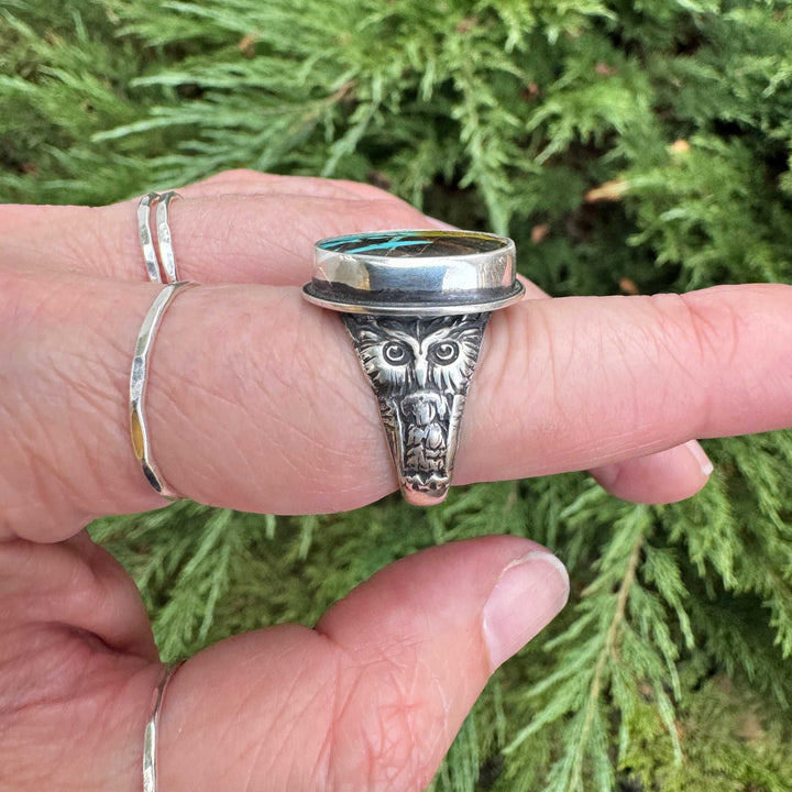 Blackjack Turquoise Owl Ring in Sterling Silver | Size 7