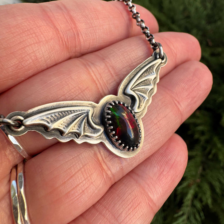 Welo Opal Bat Pendant Necklace in Sterling Silver