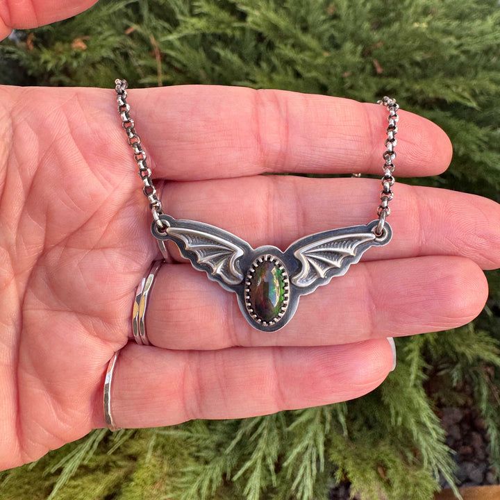 Welo Opal Bat Pendant Necklace in Sterling Silver