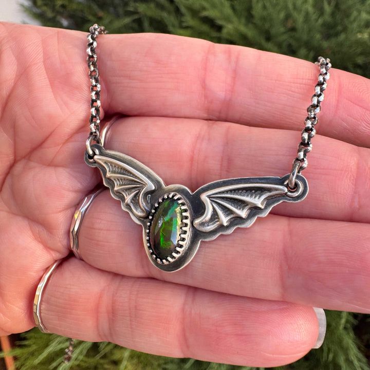Welo Opal Bat Pendant Necklace in Sterling Silver