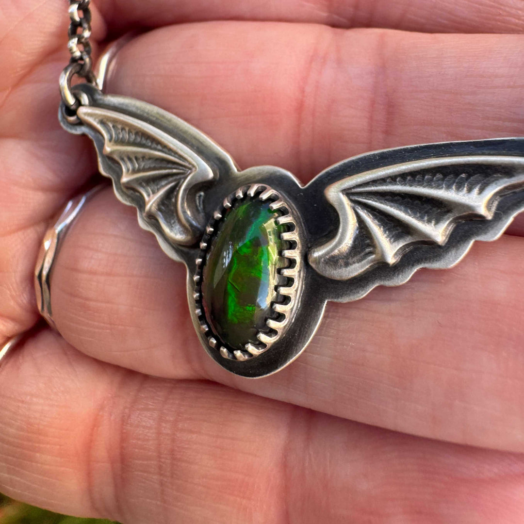 Welo Opal Bat Pendant Necklace in Sterling Silver