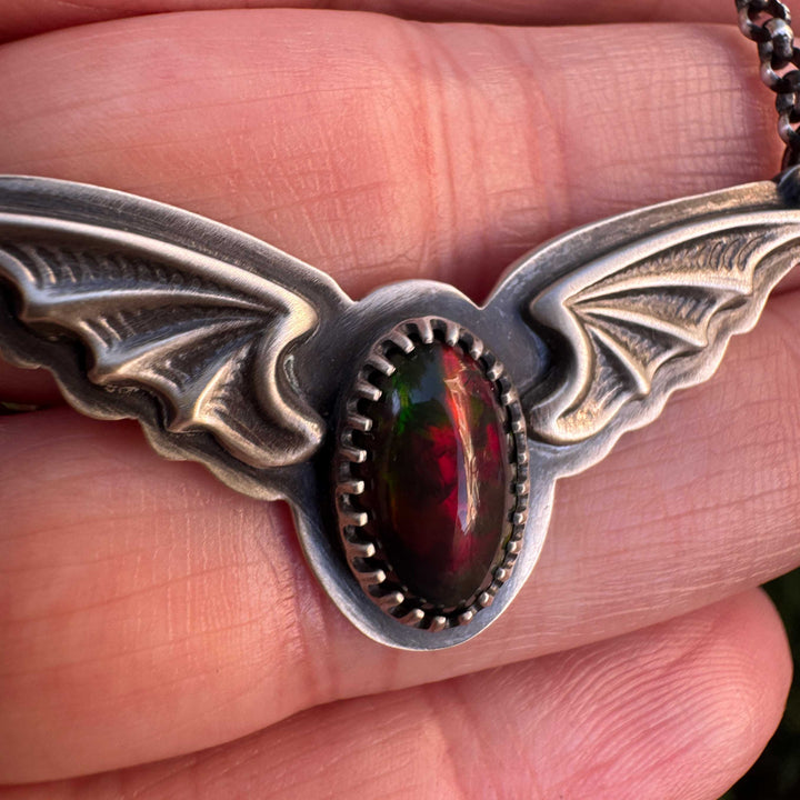 Welo Opal Bat Pendant Necklace in Sterling Silver